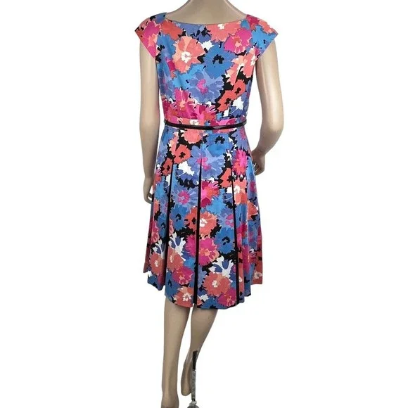 JAX Colorful Floral Print Belted Cap Sleeve Dress Sz 8 Paneled Skirt - Picture 7 of 13